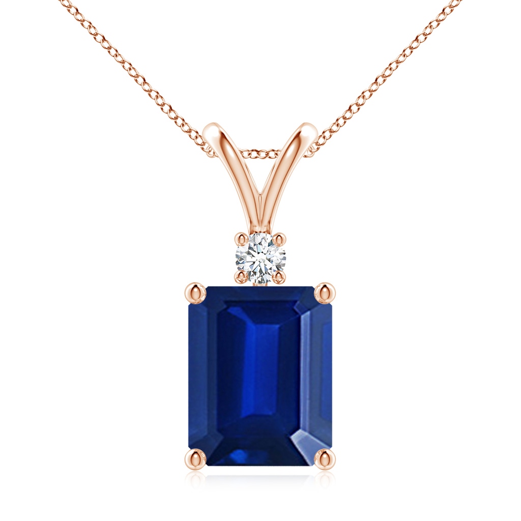 10x8mm AAAA Emerald-Cut Blue Sapphire Solitaire Pendant with Diamond in Rose Gold