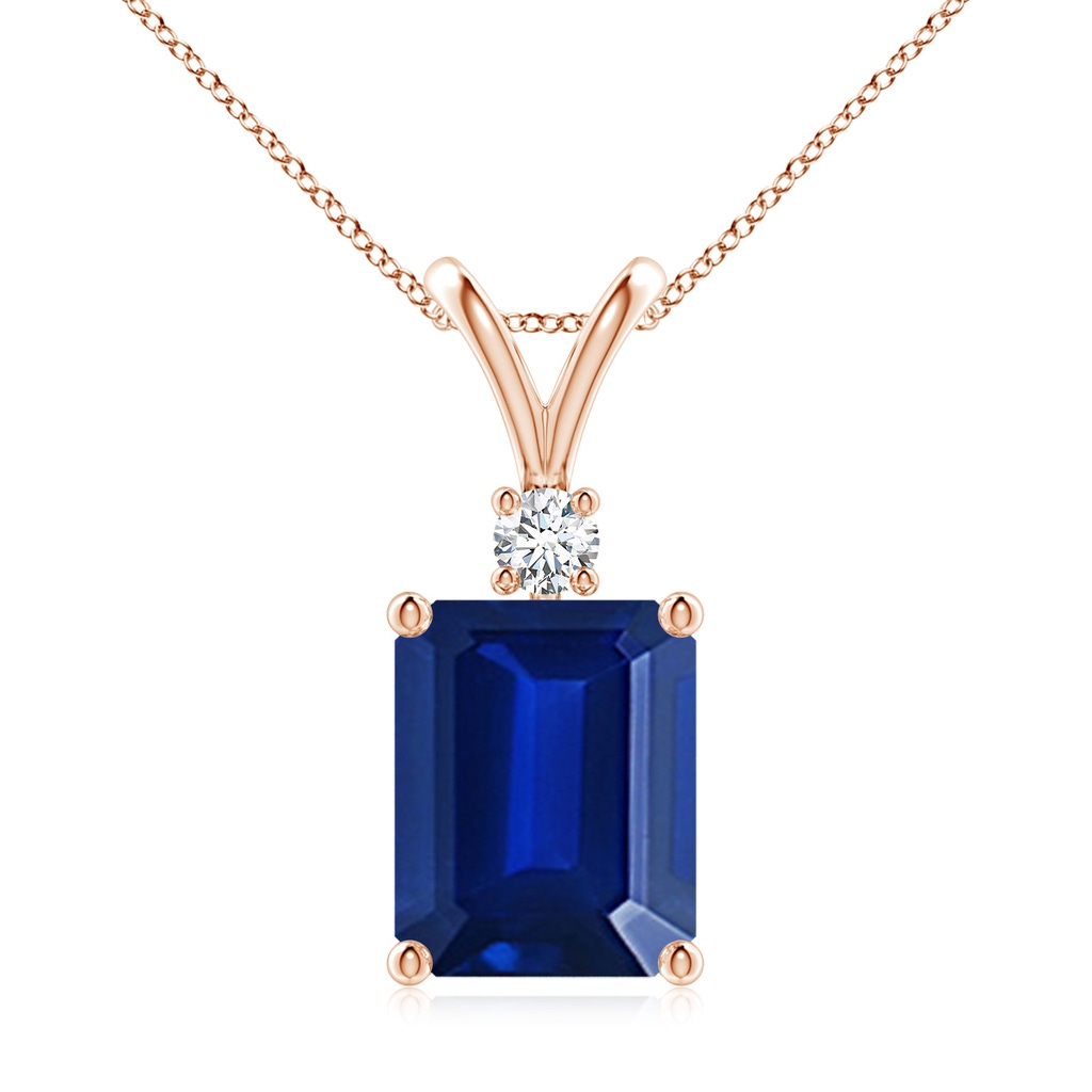 10x8mm Lab-Grown Emerald-Cut Blue Sapphire Solitaire Pendant with Diamond in Rose Gold