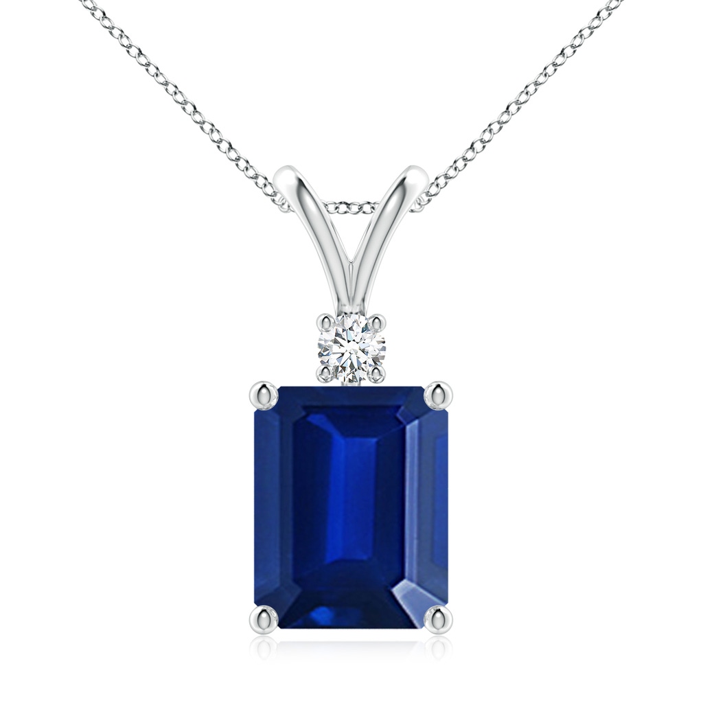 10x8mm AAAA Emerald-Cut Blue Sapphire Solitaire Pendant with Diamond in White Gold