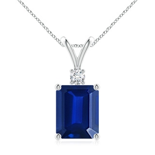 10x8mm Lab-Grown Emerald-Cut Blue Sapphire Solitaire Pendant with Diamond in White Gold