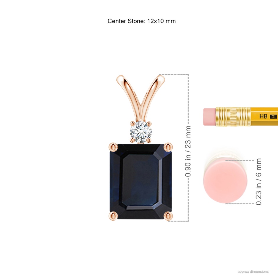 12x10mm A Emerald-Cut Blue Sapphire Solitaire Pendant with Diamond in Rose Gold ruler