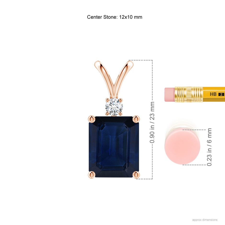 12x10mm AA Emerald-Cut Blue Sapphire Solitaire Pendant with Diamond in Rose Gold ruler