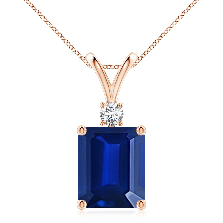 12x10mm Lab-Grown Emerald-Cut Blue Sapphire Solitaire Pendant with Diamond in Rose Gold 