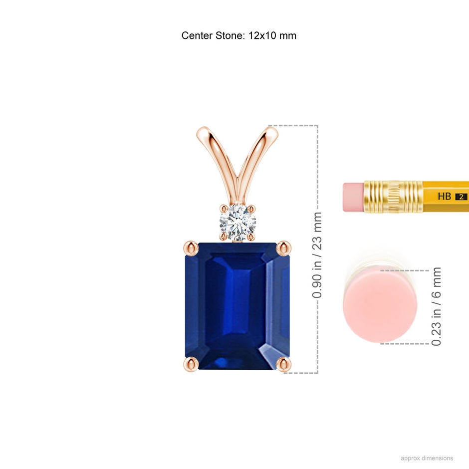 12x10mm Lab-Grown Emerald-Cut Blue Sapphire Solitaire Pendant with Diamond in Rose Gold ruler