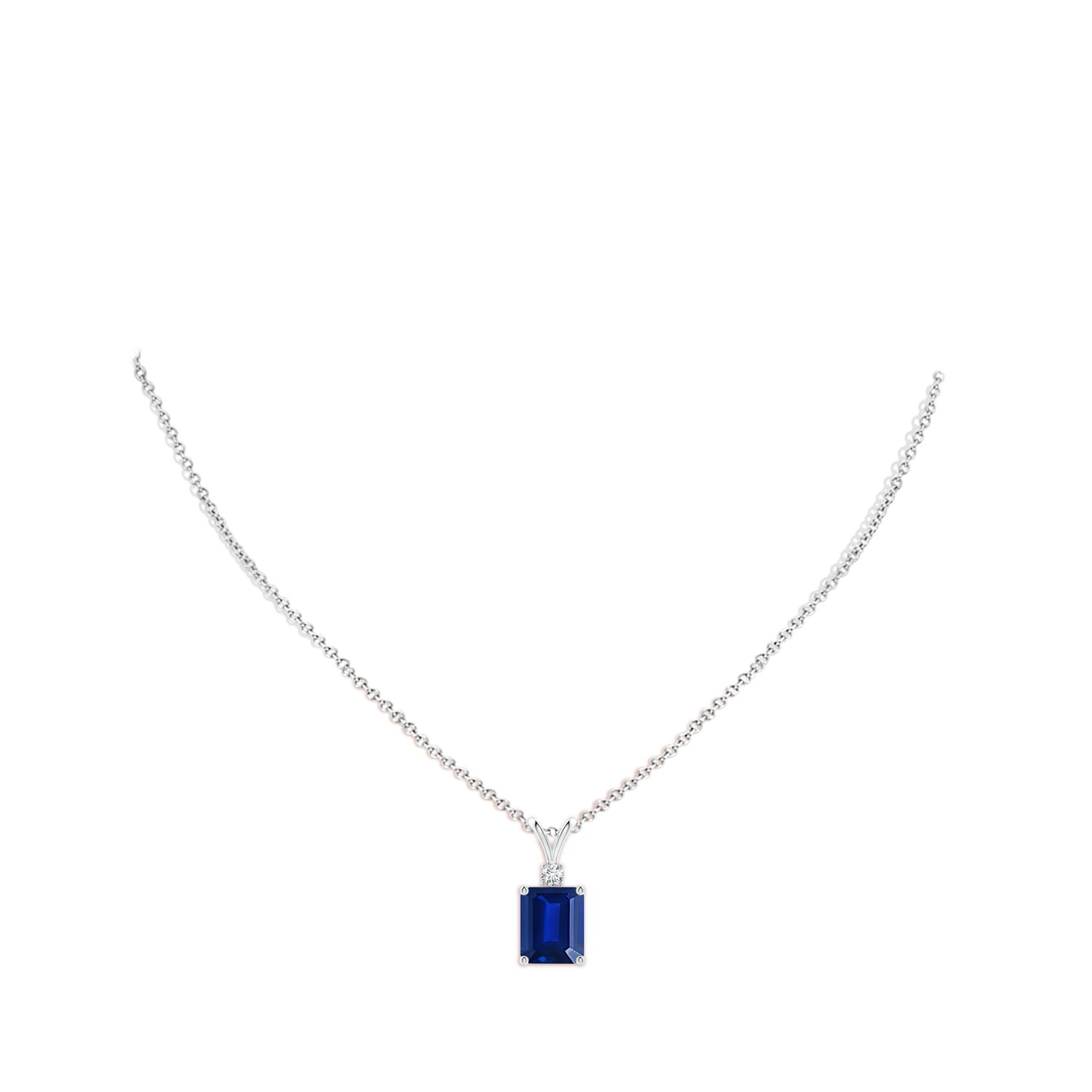 12x10mm AAAA Emerald-Cut Blue Sapphire Solitaire Pendant with Diamond in White Gold - body_neck