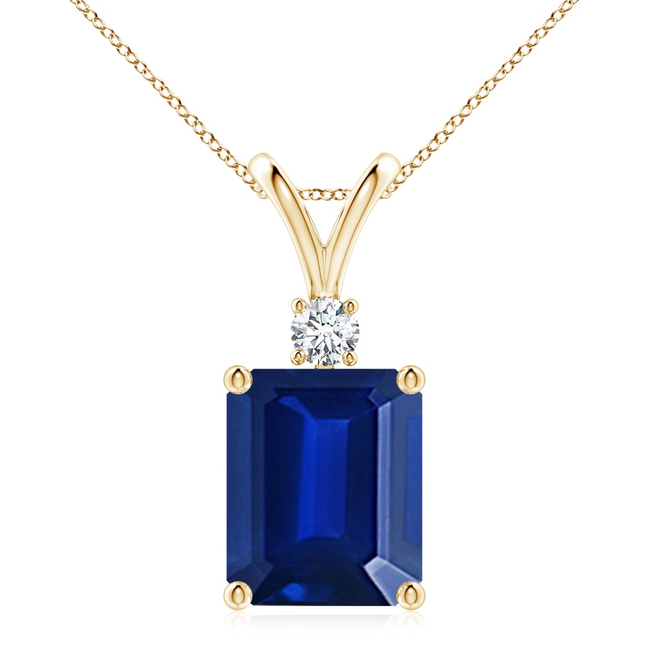 12x10mm Lab-Grown Emerald-Cut Blue Sapphire Solitaire Pendant with Diamond in Yellow Gold 