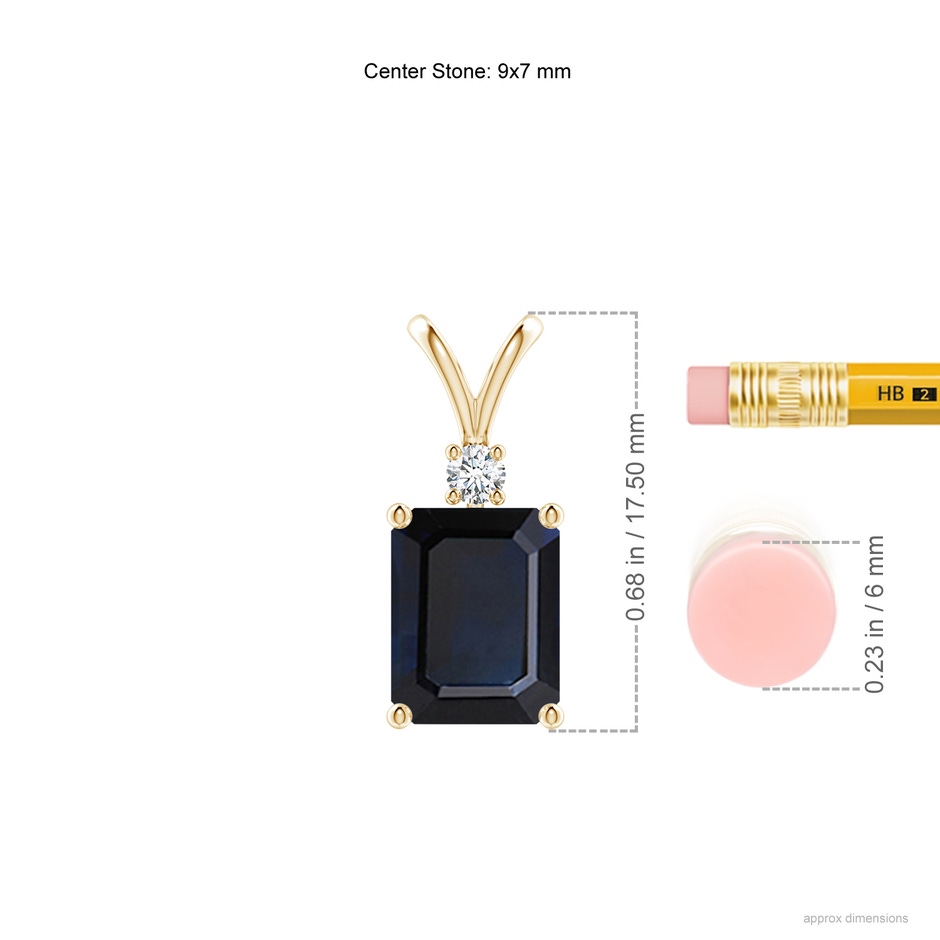 9x7mm A Emerald-Cut Blue Sapphire Solitaire Pendant with Diamond in Yellow Gold ruler