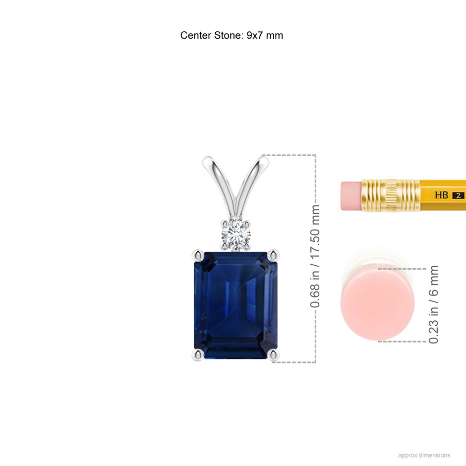 9x7mm AAA Emerald-Cut Blue Sapphire Solitaire Pendant with Diamond in White Gold ruler