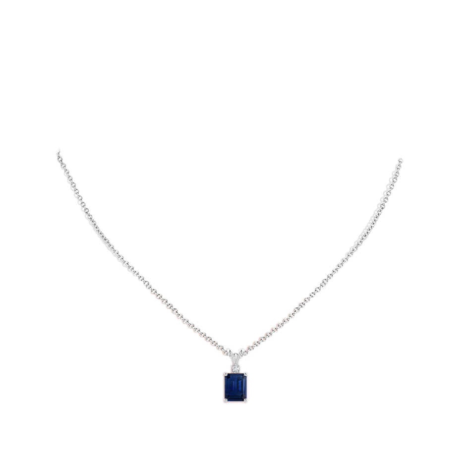 9x7mm AAA Emerald-Cut Blue Sapphire Solitaire Pendant with Diamond in White Gold pen