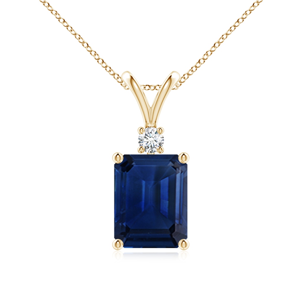 9x7mm AAA Emerald-Cut Blue Sapphire Solitaire Pendant with Diamond in Yellow Gold
