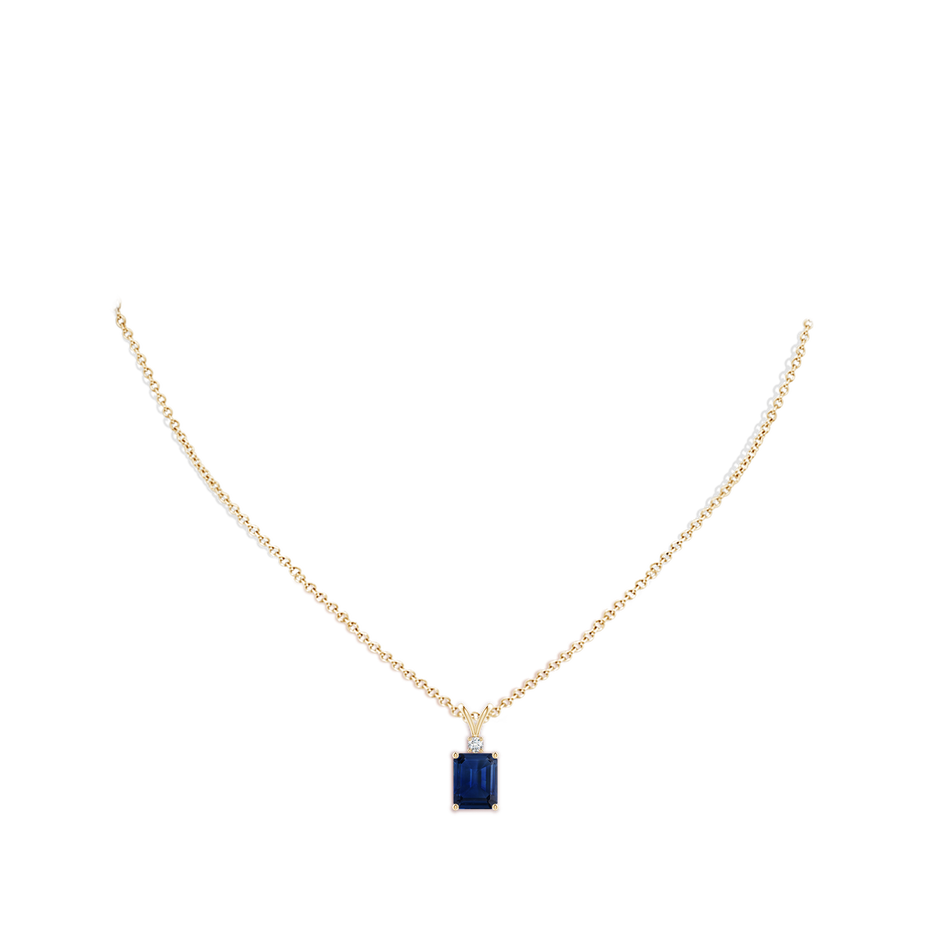 9x7mm AAA Emerald-Cut Blue Sapphire Solitaire Pendant with Diamond in Yellow Gold pen