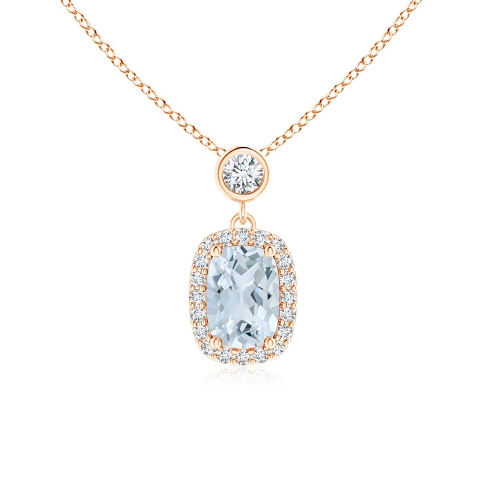 7x5mm A Dangling Cushion Aquamarine and Diamond Halo Pendant in 9K Rose Gold 