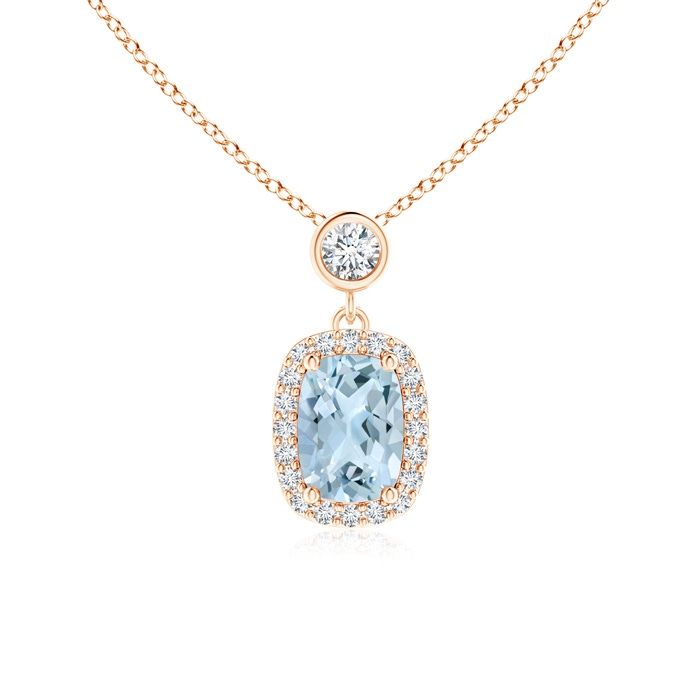 7x5mm AA Dangling Cushion Aquamarine and Diamond Halo Pendant in 9K Rose Gold 