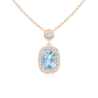 7x5mm AA Dangling Cushion Aquamarine and Diamond Halo Pendant in Rose Gold