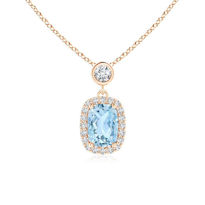 7x5mm AAA Dangling Cushion Aquamarine and Diamond Halo Pendant in 9K Rose Gold 