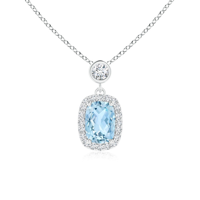 7x5mm AAA Dangling Cushion Aquamarine and Diamond Halo Pendant in White Gold