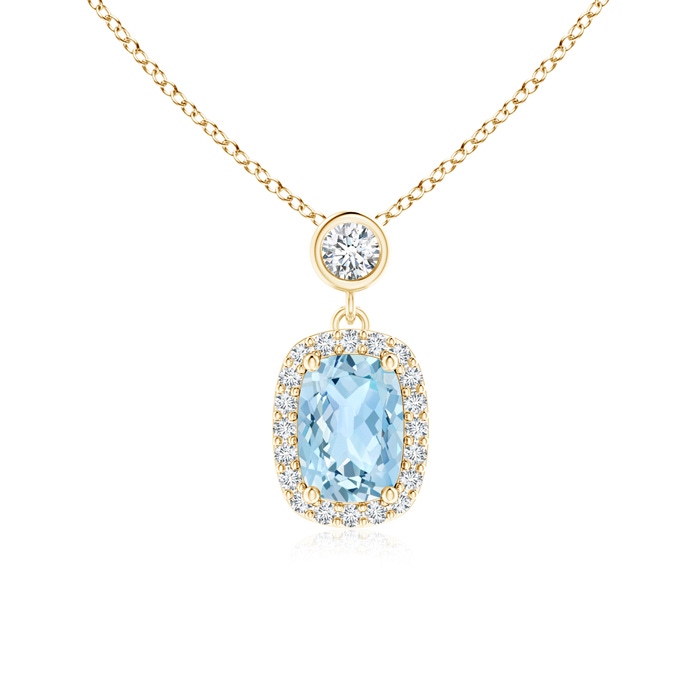 7x5mm AAA Dangling Cushion Aquamarine and Diamond Halo Pendant in Yellow Gold