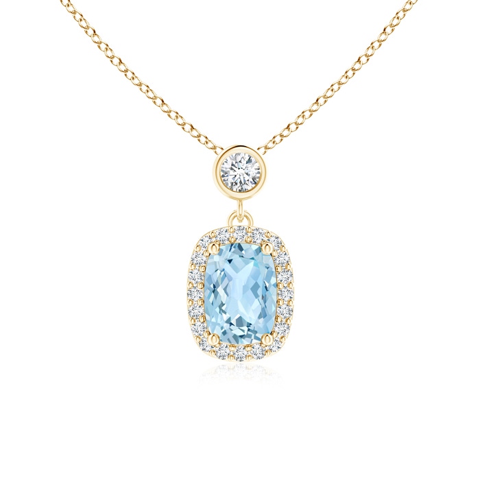 7x5mm AAA Dangling Cushion Aquamarine and Diamond Halo Pendant in Yellow Gold 