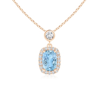 7x5mm AAAA Dangling Cushion Aquamarine and Diamond Halo Pendant in Rose Gold