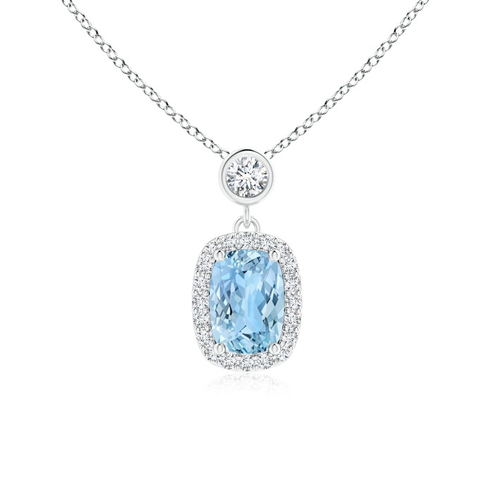 7x5mm AAAA Dangling Cushion Aquamarine and Diamond Halo Pendant in White Gold
