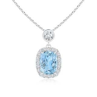 8x6mm AAAA Dangling Cushion Aquamarine and Diamond Halo Pendant in P950 Platinum