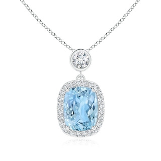 9x7mm AAAA Dangling Cushion Aquamarine and Diamond Halo Pendant in P950 Platinum