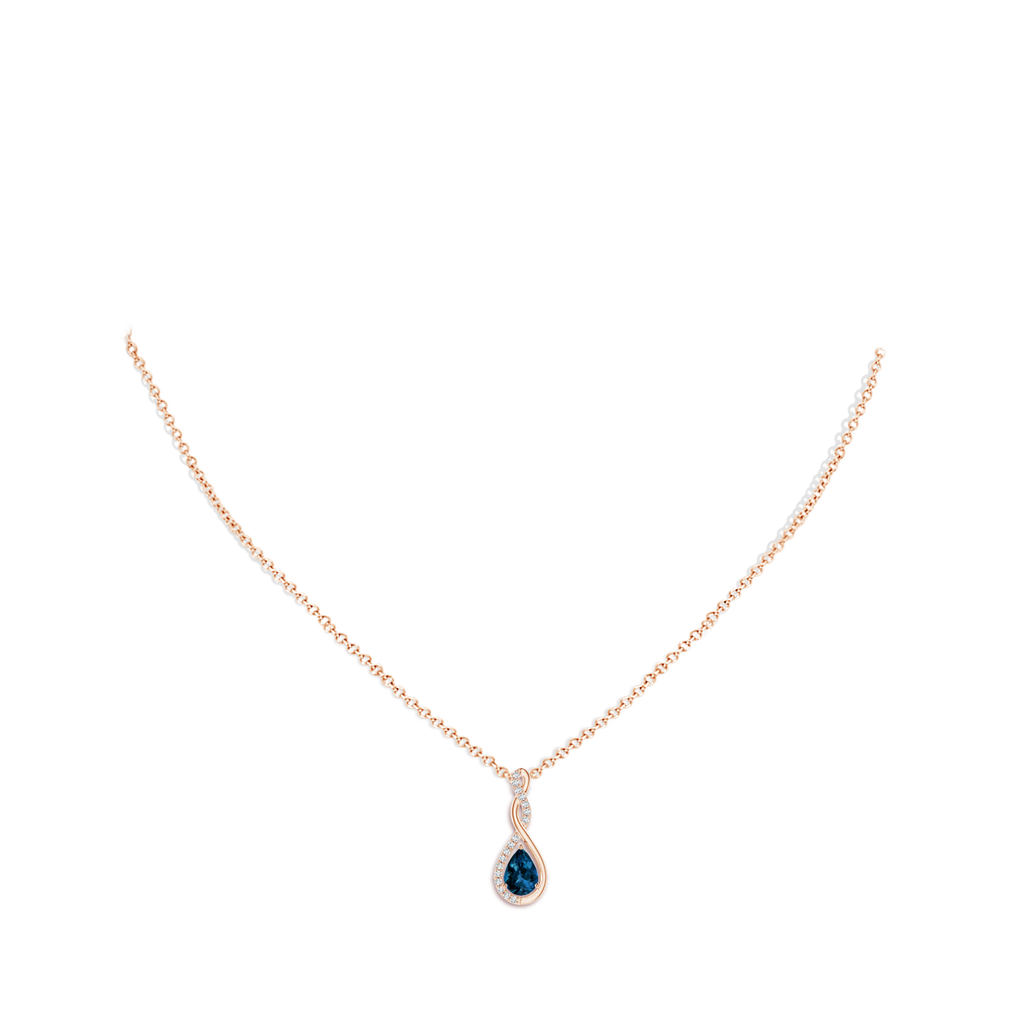 7x5mm AAAA Twisted Infinity Floating London Blue Topaz Drop Pendant in Rose Gold Body-Neck