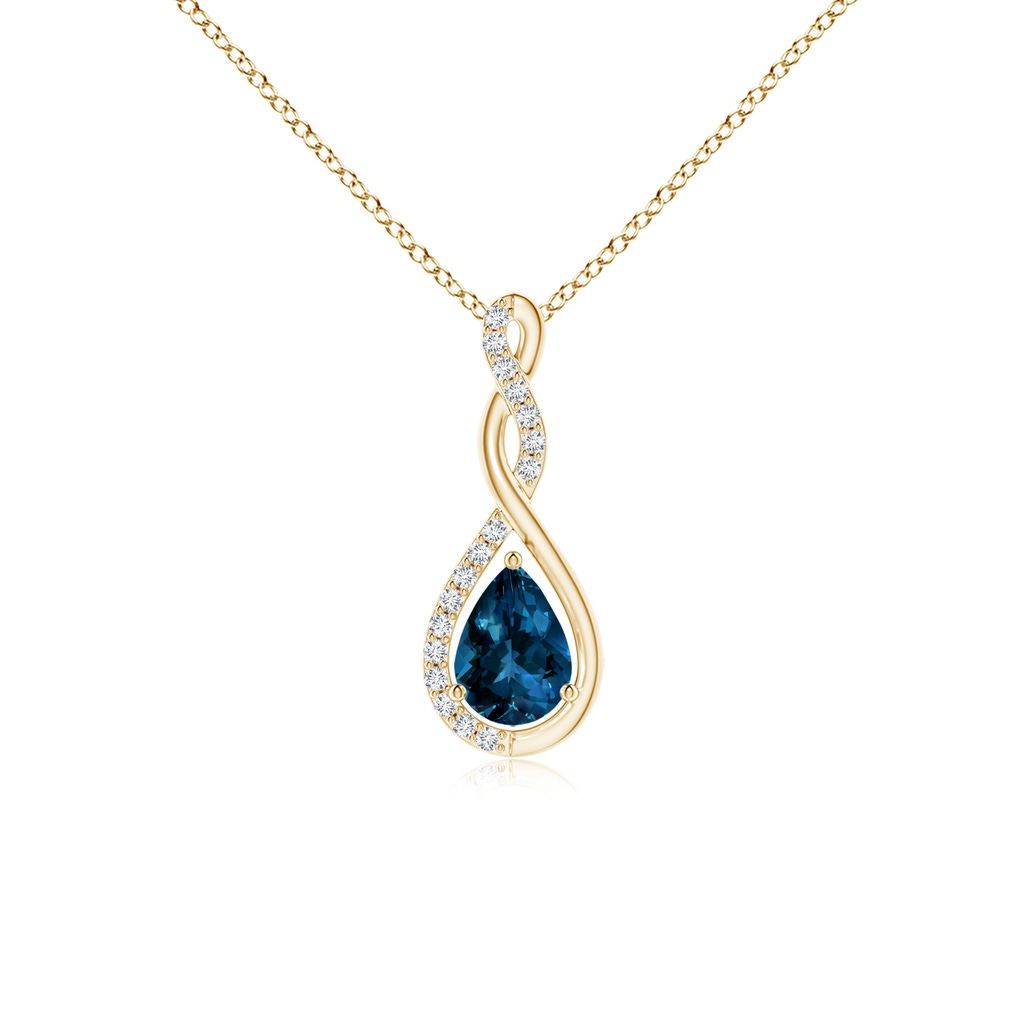7x5mm AAAA Twisted Infinity Floating London Blue Topaz Drop Pendant in Yellow Gold