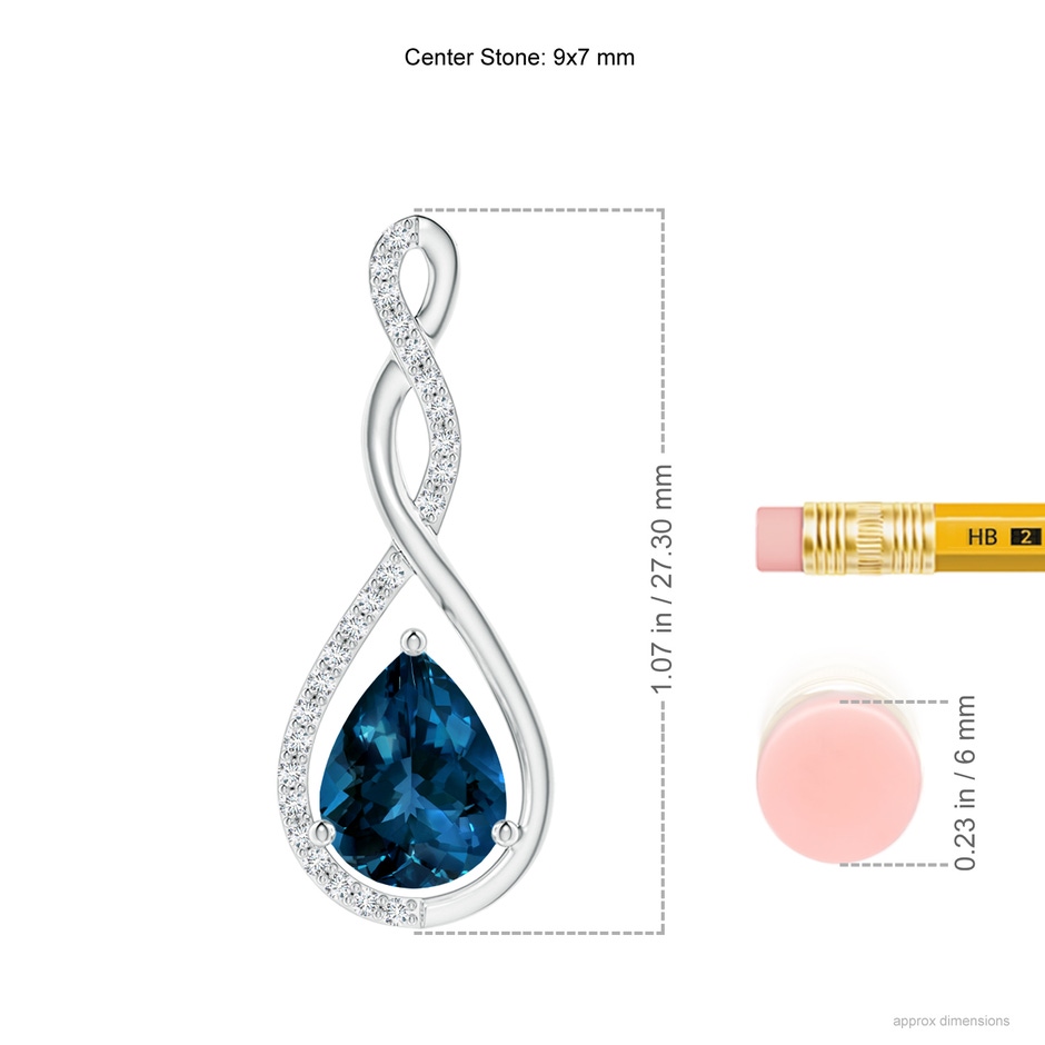 9x7mm AAAA Twisted Infinity Floating London Blue Topaz Drop Pendant in P950 Platinum ruler