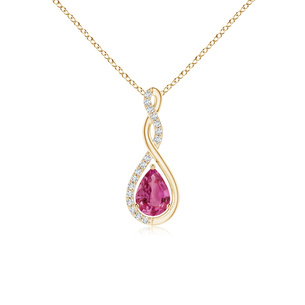 7x5mm AAAA Twisted Infinity Floating Pink Sapphire Drop Pendant in Yellow Gold