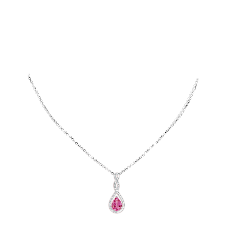 9x7mm AAA Twisted Infinity Floating Pink Sapphire Drop Pendant in White Gold body-neck