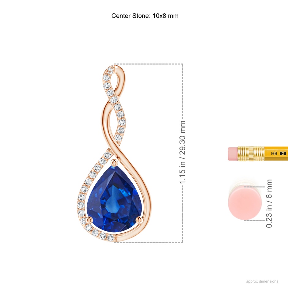 10x8mm AAA Twisted Infinity Floating Blue Sapphire Drop Pendant in Rose Gold ruler
