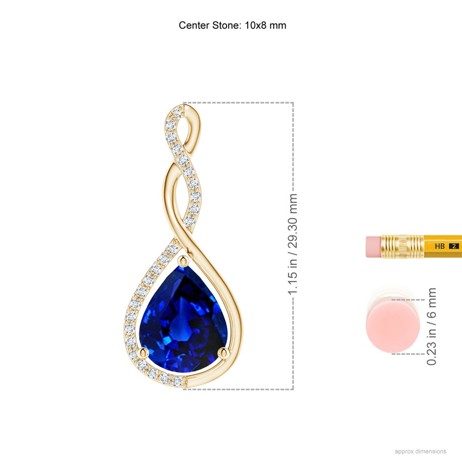 10x8mm AAAA Twisted Infinity Floating Blue Sapphire Drop Pendant in Yellow Gold ruler