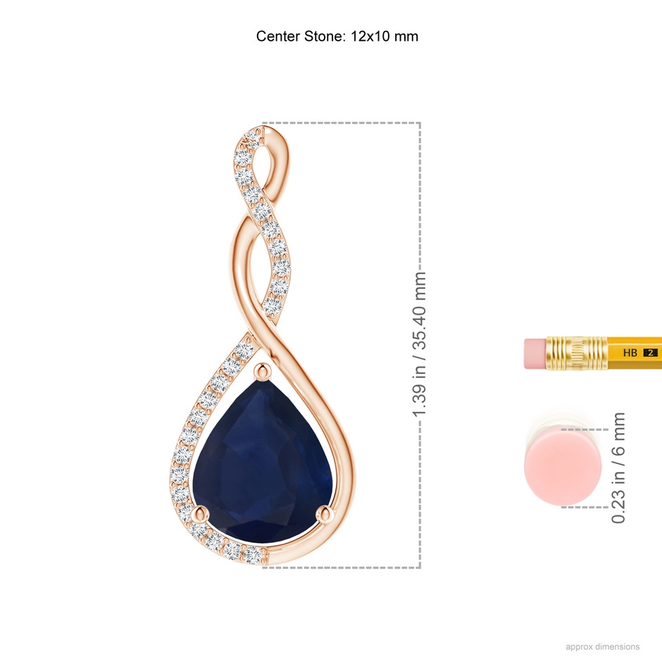 12x10mm A Twisted Infinity Floating Blue Sapphire Drop Pendant in Rose Gold ruler