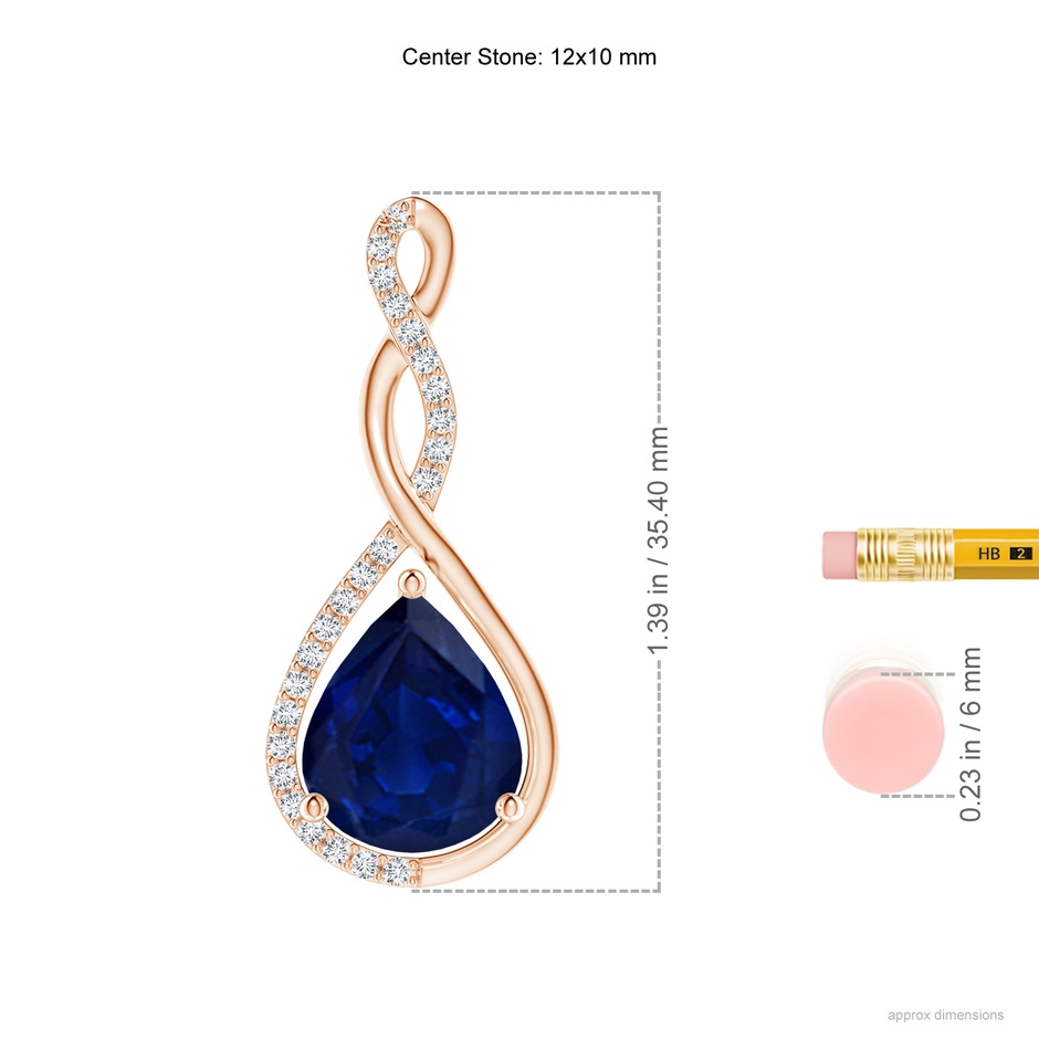 12x10mm AA Twisted Infinity Floating Blue Sapphire Drop Pendant in Rose Gold ruler
