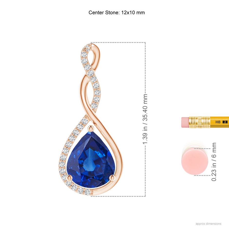 12x10mm AAA Twisted Infinity Floating Blue Sapphire Drop Pendant in Rose Gold ruler
