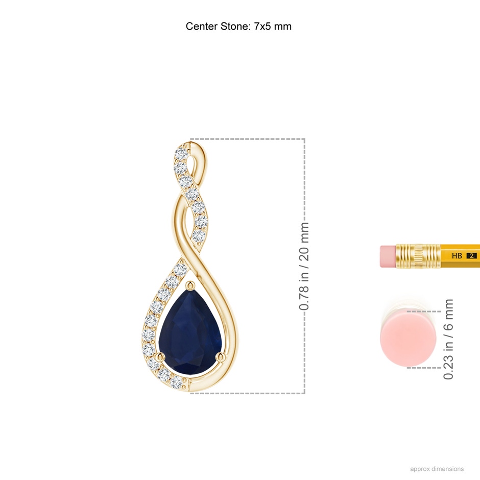 7x5mm A Twisted Infinity Floating Blue Sapphire Drop Pendant in Yellow Gold ruler
