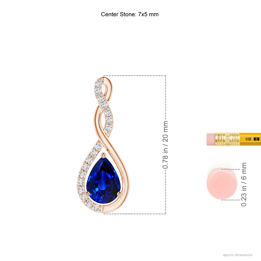 7x5mm AAAA Twisted Infinity Floating Blue Sapphire Drop Pendant in Rose Gold ruler