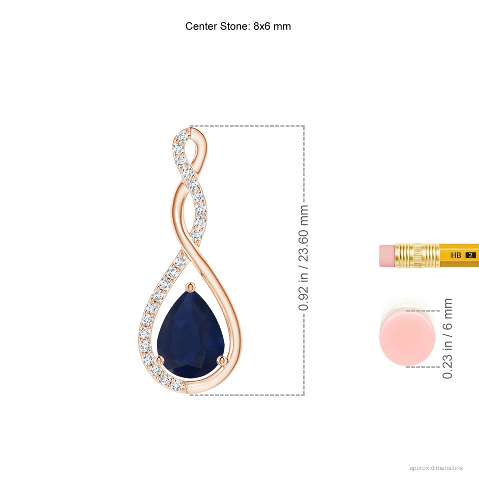 8x6mm A Twisted Infinity Floating Blue Sapphire Drop Pendant in Rose Gold ruler