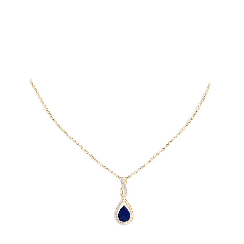 8x6mm AA Twisted Infinity Floating Blue Sapphire Drop Pendant in Yellow Gold pen