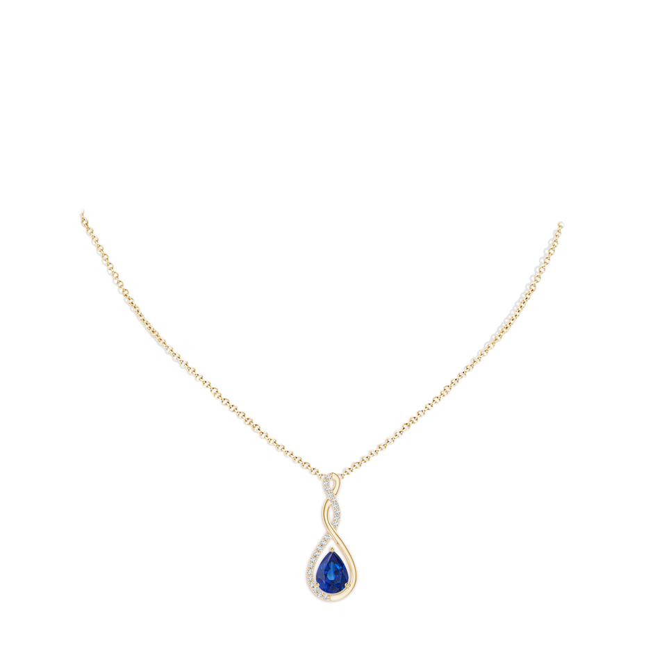 8x6mm AAA Twisted Infinity Floating Blue Sapphire Drop Pendant in Yellow Gold pen
