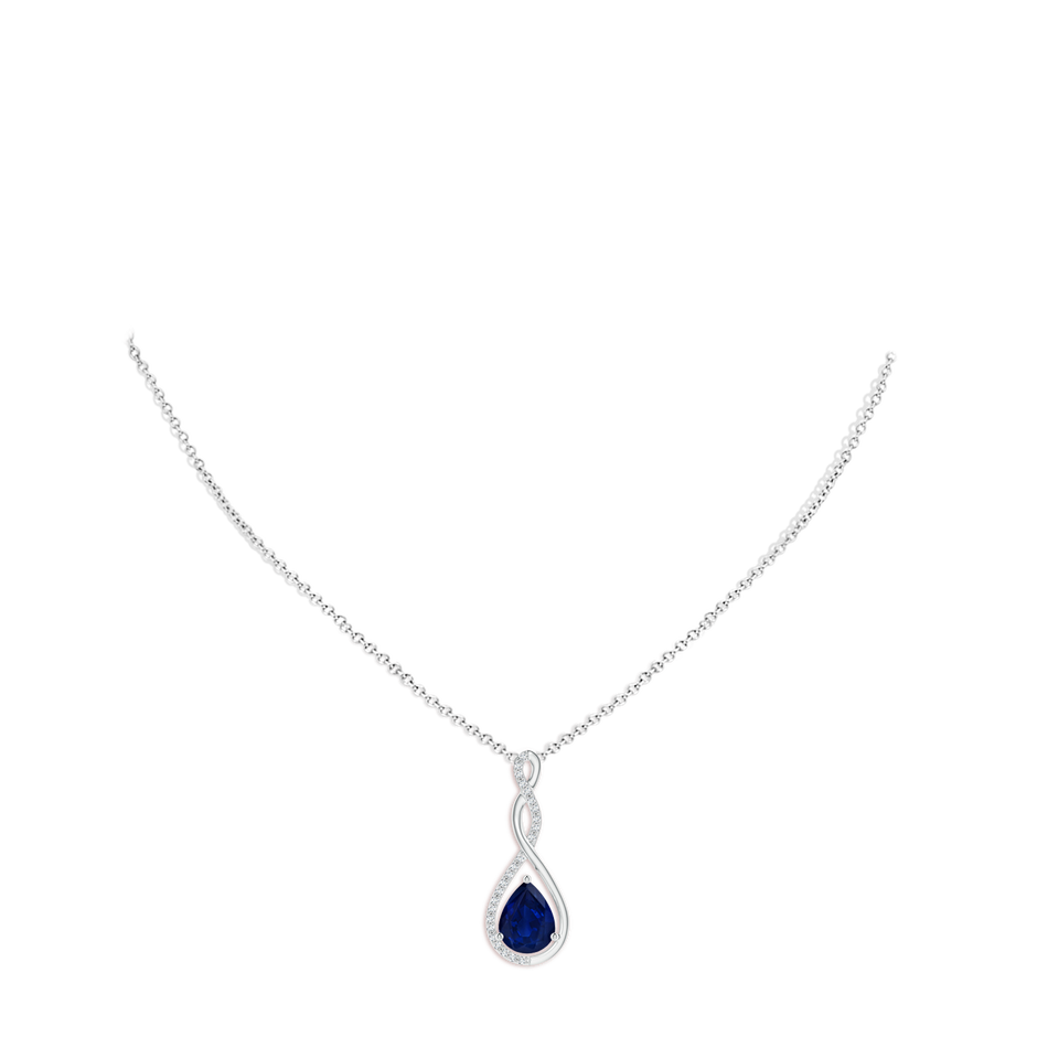 9x7mm AA Twisted Infinity Floating Blue Sapphire Drop Pendant in White Gold pen