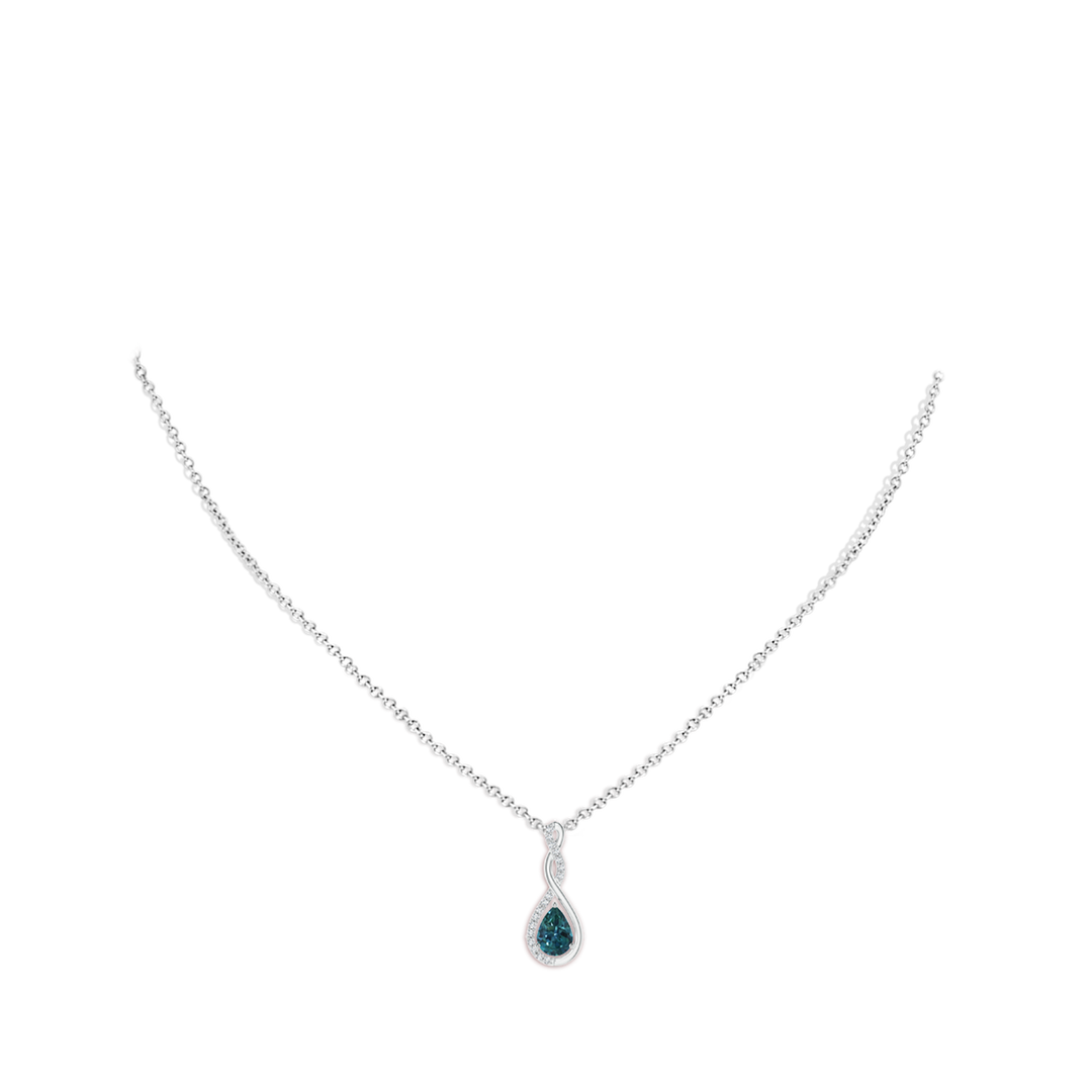 7x5mm AAA Twisted Infinity Floating Teal Montana Sapphire Drop Pendant in White Gold - body_neck