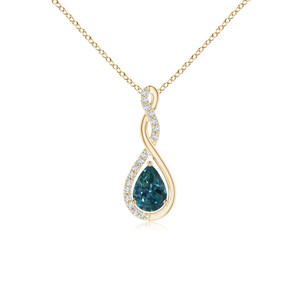 7x5mm AAA Twisted Infinity Floating Teal Montana Sapphire Drop Pendant in Yellow Gold