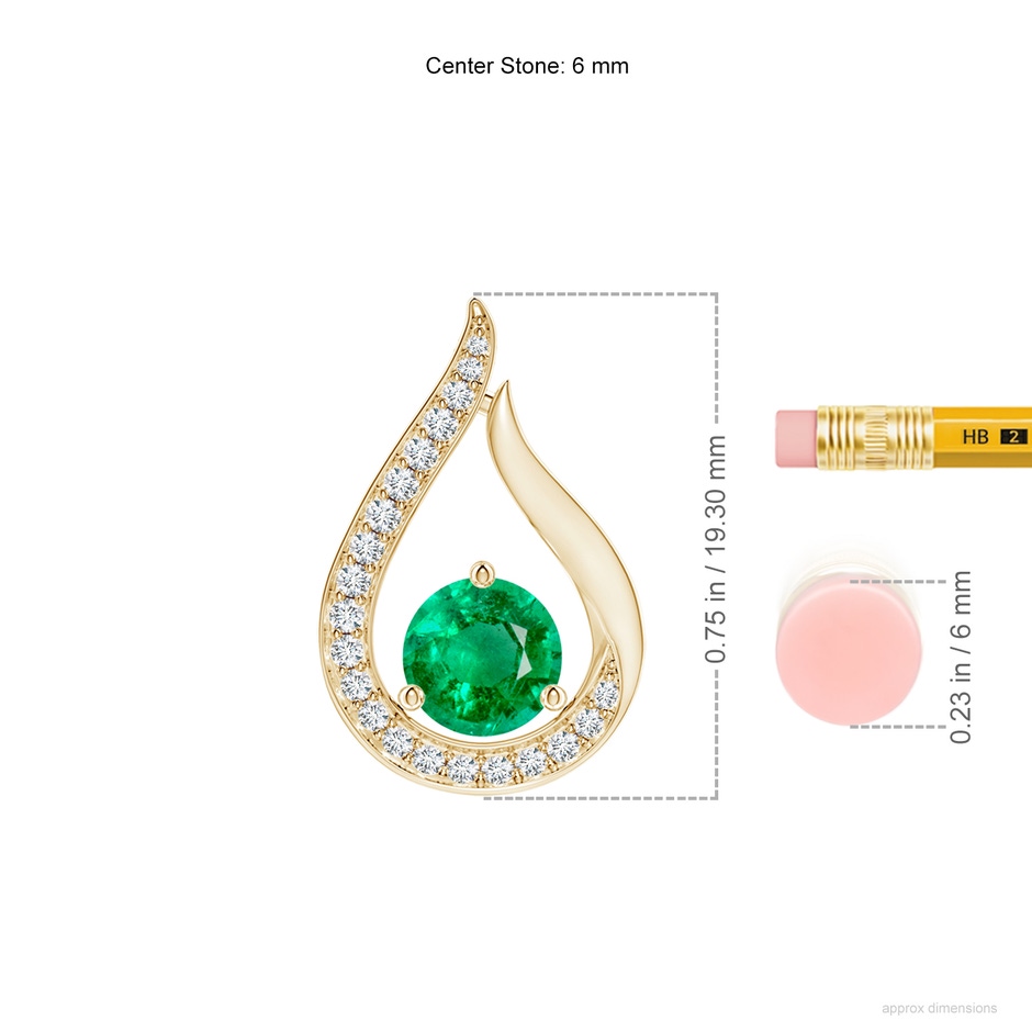 6mm AAA Floating Emerald Tulip Pendant with Diamonds in Yellow Gold ruler