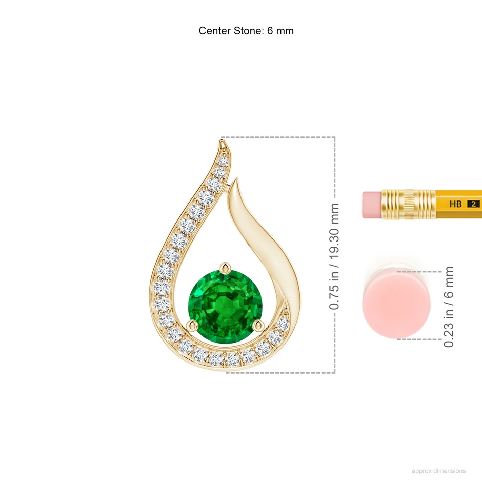 6mm AAAA Floating Emerald Tulip Pendant with Diamonds in Yellow Gold ruler