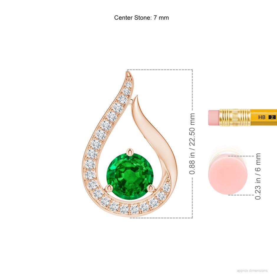 7mm AAAA Floating Emerald Tulip Pendant with Diamonds in Rose Gold ruler