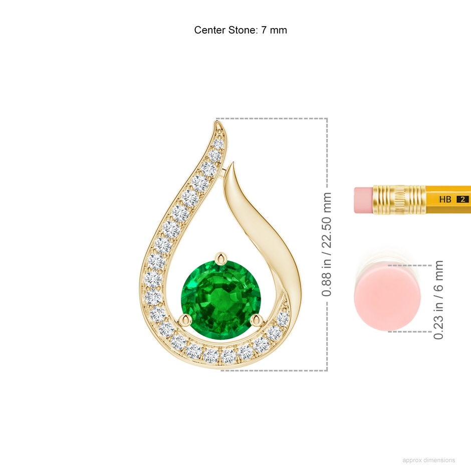 7mm AAAA Floating Emerald Tulip Pendant with Diamonds in Yellow Gold ruler