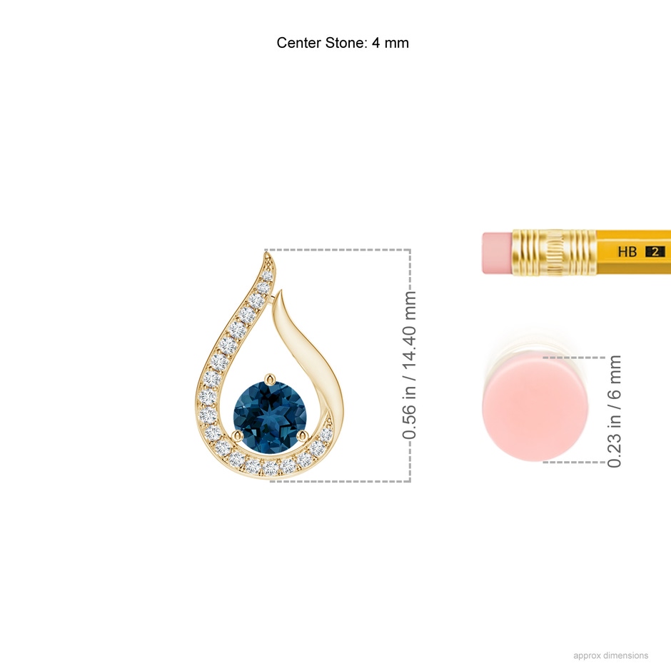 4mm AAA Floating London Blue Topaz Tulip Pendant with Diamonds in Yellow Gold ruler