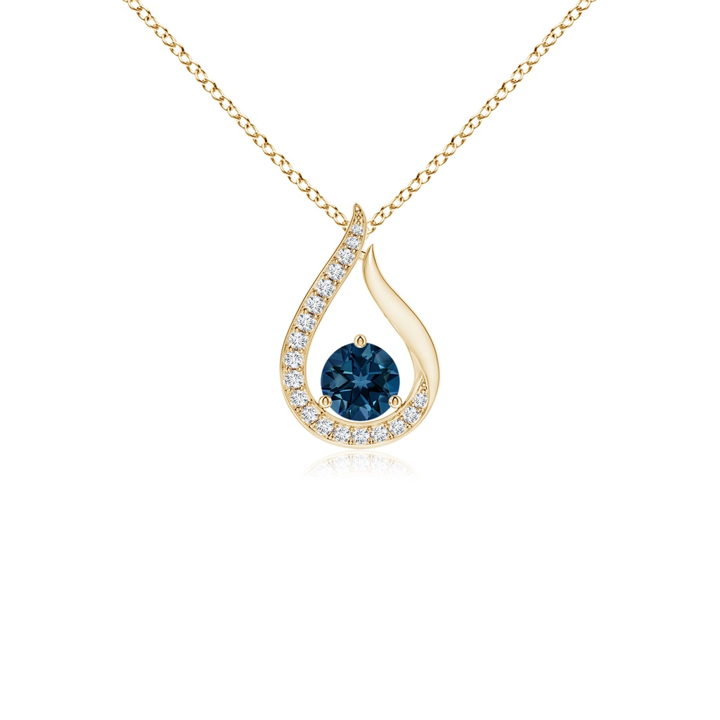 4mm AAAA Floating London Blue Topaz Tulip Pendant with Diamonds in Yellow Gold